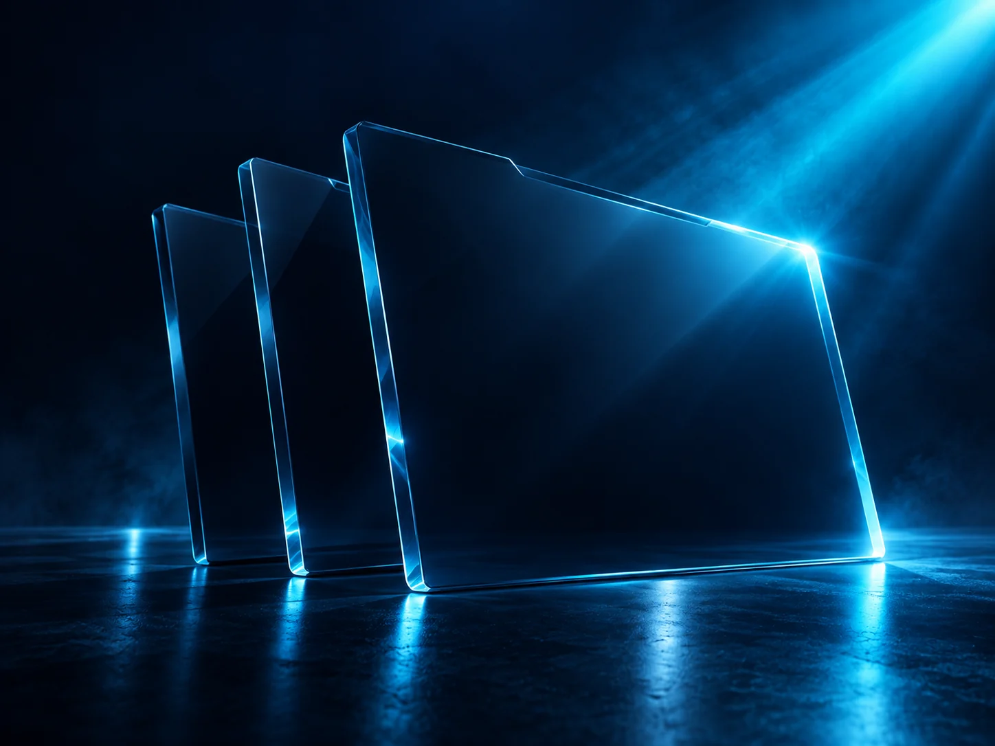 Three layered glass project folders with glowing cyan edges against a dark background.
