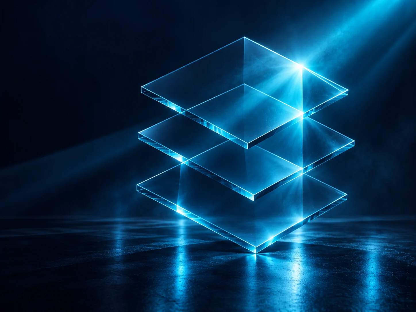 Three floating glass layers with precise cyan edges represent coordinated website services.